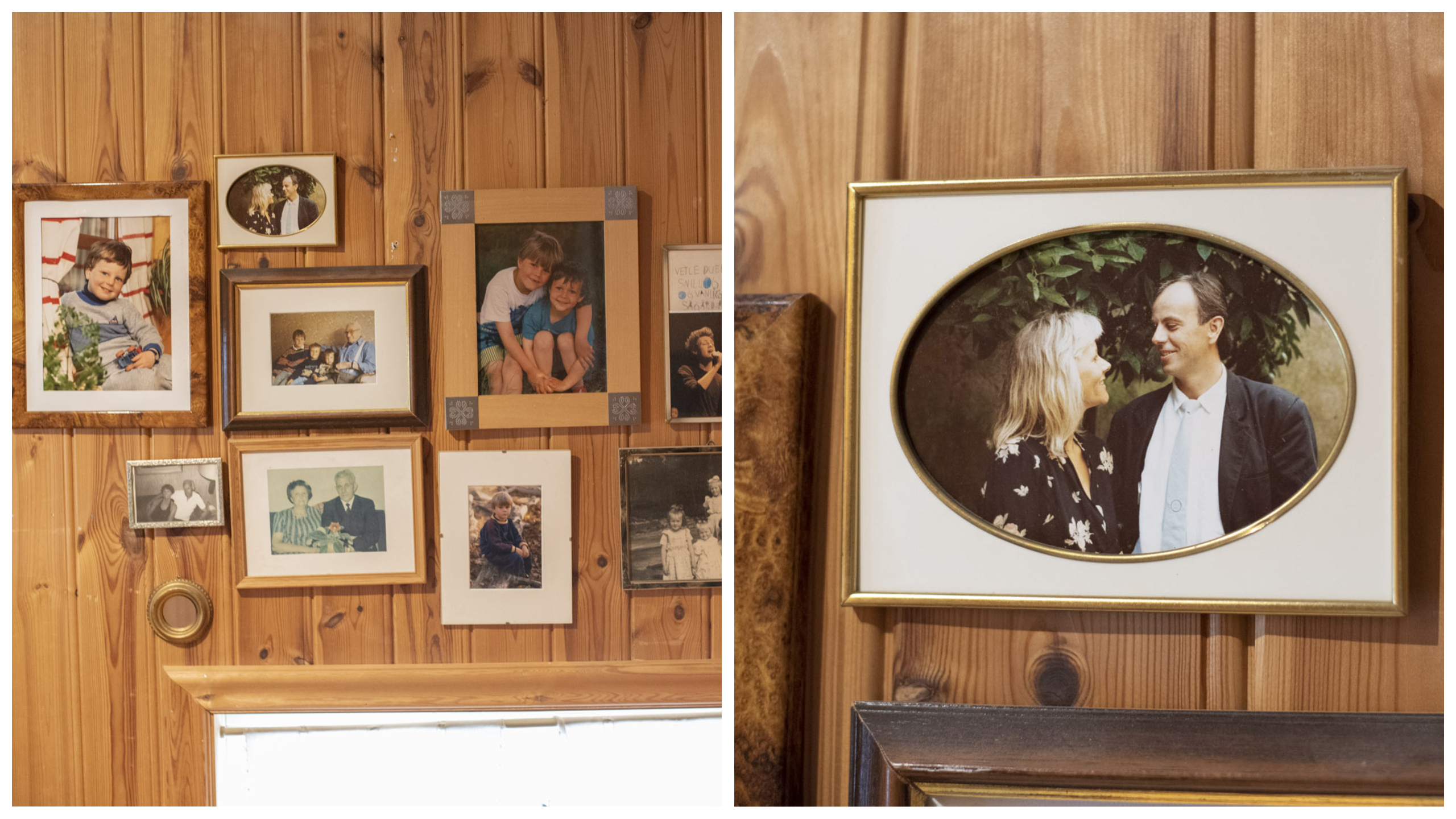 En samling av bilder av en familie på en vegg.